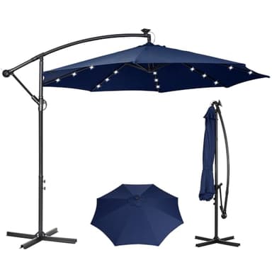 Panana 3M Garden Cantilever Parasol with 24 Solar Powered LED Lights Outdoor Banana Hanging Umbrella with Crank Mechanism Sun Shade Canopy for Poolside, Deck, Patio and Balcony Dark Blue