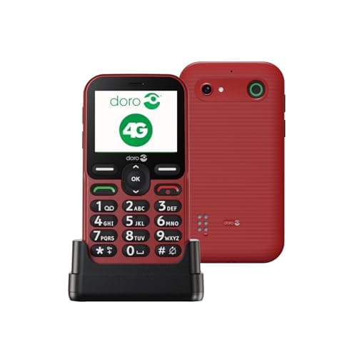 DORO Phone - Doro Leva E10 - 4G Mobile Phone For Elderly - 2.4" Landscape Display, High Contrast Keys, Extra Loud & Clear Sound, HD Voice, Camera, Doro Secure Button - Charging Cradle - Red