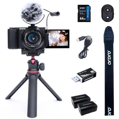 5K Digital Camera Mirrorless Camera for Photography, 64MP 12X Optical Zoom Compact Digital Cameras with Auto Focus, 270° Flip Screen, 64GB Card (Black Combo)