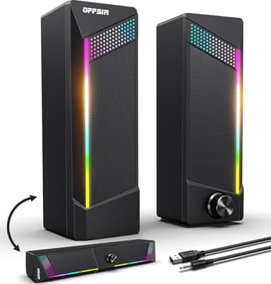 Computer Speakers, 2 in 1 PC Speaker, Gaming Speakers for PC Computer Laptop Desktop Monitor, RGB Speakers with Touch Sensitive Lighting, USB Powered 3.5mm Aux（Package Only Two Speaker, No Soundbar）