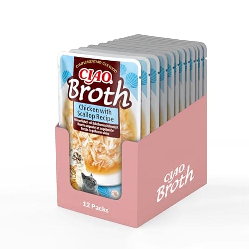 Ciao Broth by INABA Wet Cat Food - Chicken with Scallop - 12 Packs (480g total) / Moist Treat, Delicious & Healthy Snack, Food Topper, Side Dish, Complement, Natural, Grain Free, Wet Cat Food