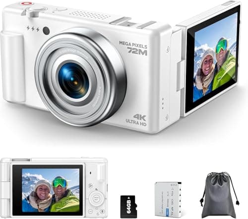 Digital Camera for Photography, 4K 72MP Autofocus YouTube Vlogging Camera with 64GB TF Card, 18X Digital Zoom， 2.8 inch 270° Flip Screen, Battery, Suitable for teenagers, beginners, adults