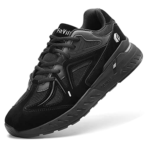 FitVille Mens Extra Wide Fit Trainers Comfortable Running Sneakers Lightweight Walking Shoes for Flat Feet Plantar Fasciitis - Rebound Core, Jet Black, 10 UK X-Wide