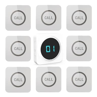 ALIBELL Restaurant Pager System, Waiter Calling System for Restaurants,Hotel,Cafe,Bar, 8 Waterproof Wireless Call Buttons 1 Number Display Receiver, 31 Ringtones, Food Buzzer System