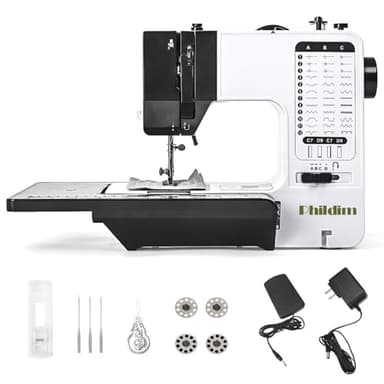 Mini Sewing Machine by Phildim (Extension Table included), Small Portable Sewing Machine, Adult Mending Machine with 38 Built-In Stitches, Reverse Sewing and LED Light PD-056-A15