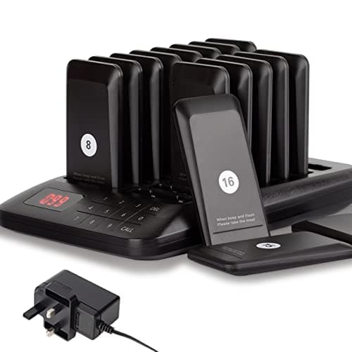 Tera Restaurant, Wireless Long Range Paging System, Support Buzzer Vibration, Touch Screen 1 Calling Keypad +16 Coaster Pagers for Cafe School Nurse Food Truck, P1-R16, Black