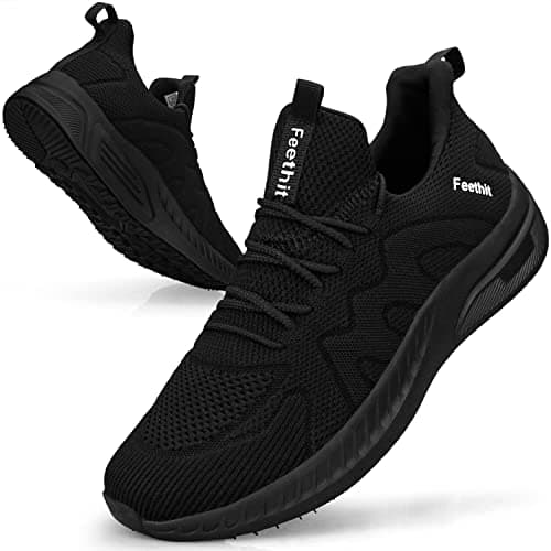Feethit Trainers Men Running Shoes Tennis Sports Training Walking Gym Athletic Fitness Sneakers Trainers for Men Breathable Lightweight Comfortable Outdoor Flat Shoes for Jogging All Black UK9.5
