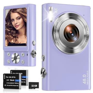 Digital Camera, 4K Autofocus Compact Camera with 32G SD Card HD 48MP with 2.8" Large Screen, 16X Digital Zoom, Portable Mini Camera for Photography, Vlogging Camera for Kids,Adult,Beginners（Purple）
