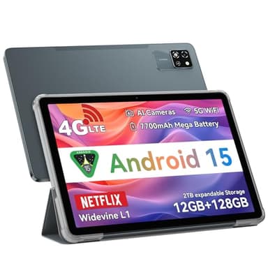 Blackview Tab60Pro Android 15 Tablet 10 Inch, 12GB+128GB(TF 2TB) 5G Wi-Fi + 4G Cellular Tablet T606 Octa-Core Processor, 7700mAh 5MP+8MP AI Camera, GPS, Widevine L1, BT5.0 Face ID, with Case