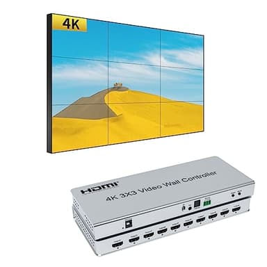 4k @ 30HZ 3x3 Video Wall Controller 1 HDMI Input 9 HDMI Output Video Processor support 1x1,1x2,1x3,1x4,1x5,1x6,2x1,2x2,2x3,2x4. 3x1,3x2,3x3,4x1,4x2,5x1,6x1