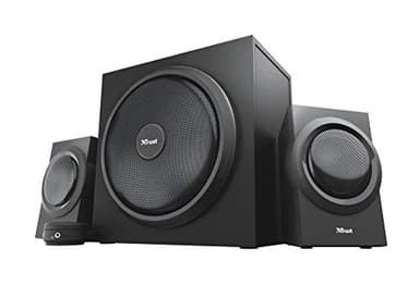 Trust Yuri 2.1 Speaker Set with Wooden Subwoofer, 120W (60W RMS), UK Plug, PC Speakers with Dynamic Bass, Wired Volume Control, Sound System for Computer, Laptop, Smartphone, Tablet - Black