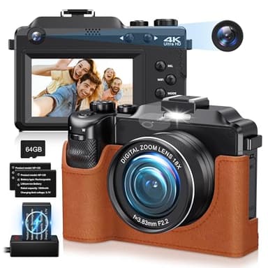 4K Digital Camera for Photography with Protective Case,Autofocus 64MP Vlog Camera for Youtube,18X Zoom Video Cameras with Dual Lens for Beginner, 64GB Card, 2 Batteries