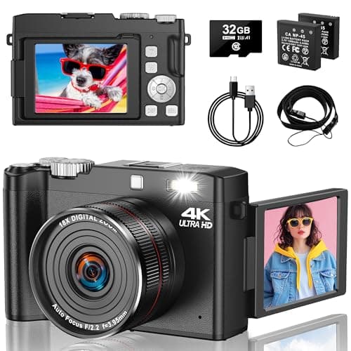 4K Digital Camera - 64MP Autofocus Vlogging Camera, One-Touch Macro & 18X Digital Zoom, 2.8” 180° Flip Screen Compact Cameras for Beginners & Adults, Includes 32GB SD Card & 2 Batteries.