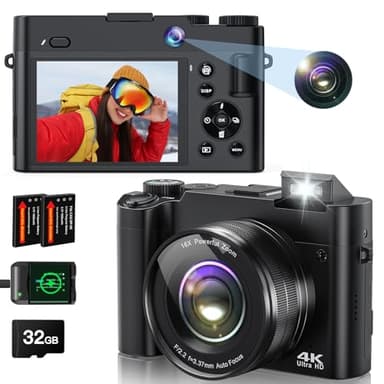 4K 64MP Autofocus Dual Camera for Photography, Compact Digital Camera with 32GB Card, 2 Batteries, Flash, 16X Digital Zoom, Anti-Shake for Beginners