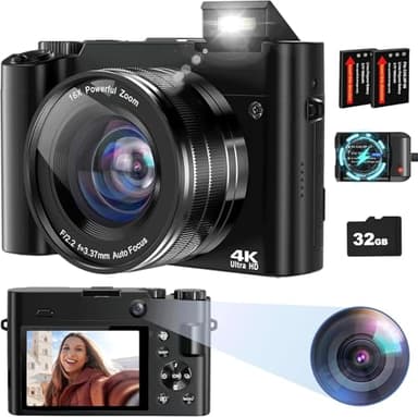 Digital Camera 4K, 64MP Autofocus Vlogging Camera Selfie Camera for Photography, Compact Digital Camera,Vlogging Camera for Youtube with Anti-shake, Flash,16X Digital Zoom, 32GB Card