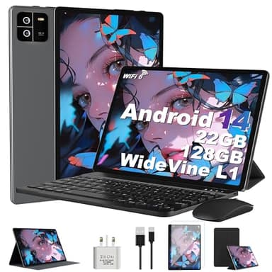 2025 Newest Tablet 10 Inch Android 14, 22GB RAM+128GB ROM (TF 1TB), Octa Core/5G+WiFi 6,Widevine L1 | 8000mAh,Bluetooth 5.0 | GMS | Type-C | 5+8MP | Widgets| Tablet with Keyboard & Mouse - Gray