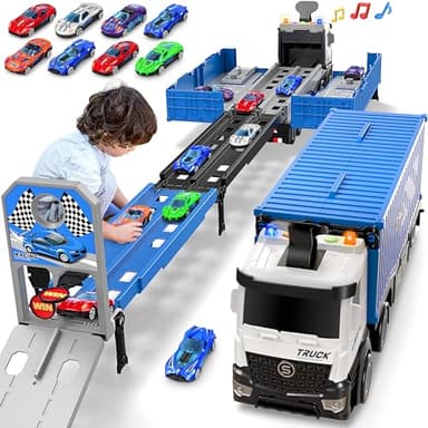 Transport Truck Toys Cars for Boys,Portable Truck Toy with 8 Race Cars,Birthday Gifts Carrier Vehicles Toys Set for Kids Age 3 4 5 6 7 8 9 10-12+ Year Old Boys Girls