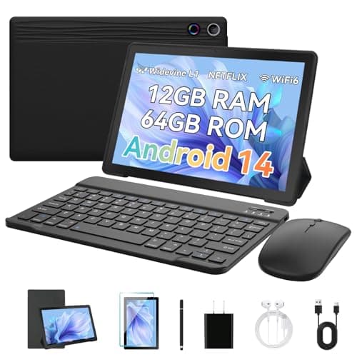Freeski Tablets 10 inch Tablet Android 14,Octa-Core Processor,12GB RAM 1TB Expand,5G WiFi 6,1280 x 800 HD/Dual 5MP+8MP Camere/Bluetooth 5.0/Face ID,Tablet with Keyboard+ Mouse + Case