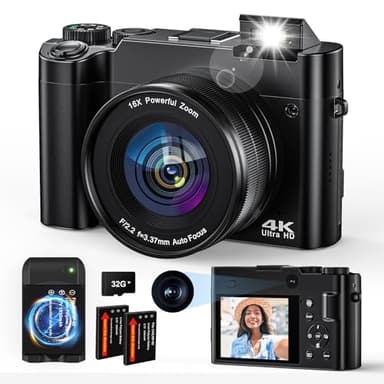 Digital Camera, 4K 64MP Camera for Photography Autofocus Selfie Camera, Vlogging Camera for Youtube with Anti-shake Flash Light 16X Digital Zoom 32G Memory Card