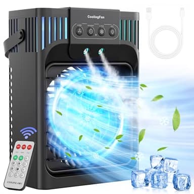 FethFire Portable Air Conditioner Cooling Fan with Remote, 1200Ml Mini Air Conditioning Unit,Quiet 3 Wind Speeds & Cool Mist, 2-8H Timer & 7 LED Light, Personal Air Cooler Fan for Room,Home,Office