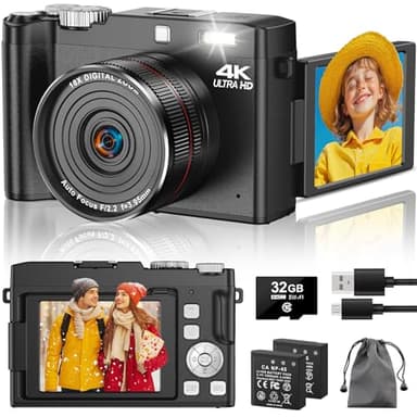 Digital Camera 4K 64MP Autofocus Vlogging Cameras with 32GB Card & Macro Function, 18X Digital Zoom Compact Camera with 2.8'' 180° Flip Screen & 2 Batteries for Teens Beginners Adults
