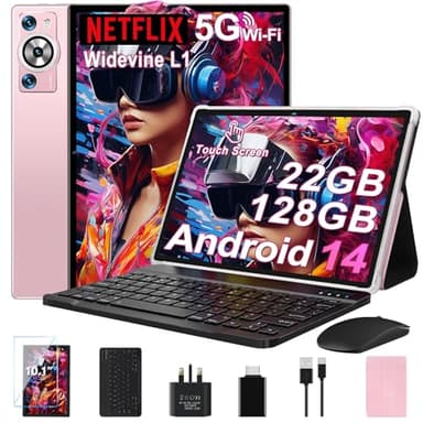 2025 Tablet 10 Inch Android 14 22GB RAM+128GB ROM(TF 2TB), Octa Core 2.0 GHz, 5G WiFi, 8000mAh | BT5.0 | Widevine L1 FHD | Face ID | Widgets | GPS | Type C | GMS Tablet with Keyboard & Mouse - Gold