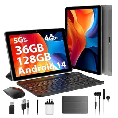 AXETOP 10 Inch Tablet Android 14, 36GB RAM+128GB ROM(TF 1TB), Octa-Core 2.0 GHz, 4G LTE & WiFi 5G/2.4G, Google GMS, Battery 8000mAh, Dual Camera 8MP+5MP, Tablet with Case, Keyboard, Mouse&Pen (Gray)