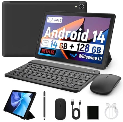 Whitedeer 10 inch Tablet Android 14, 14GB+128GB/2TB Expanded, Octa-Core Tablets, 800 * 1280 HD丨WiFi 6丨BT 5.0丨5000mAh丨5MP+8MP, Widevine L1, Tab with Keyboard丨Mouse丨Stylus丨Tablet Case丨 Headphone(Black)