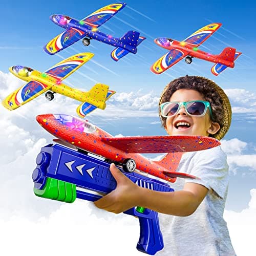 Doloowee 3 Pack Airplane Launcher Toys, 12.6 Inch LED Foam Glider Airplane Catapult, 2 Flight Modes, Outdoor Sports Flying Toys 4 5 6 7 8 9 10 11 12 Years Old Boys Girls Birthday Gifts (Blue)