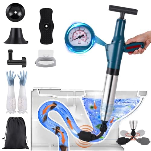 Toilet Unblocker Heavy Duty with 360° Unclogging Head and A Holder Toilet Plunger Sink Unblocker High Pressure Plunger Kit for Unblocking Toilet Bathtub Shower Floor Drain and Pipe Clog