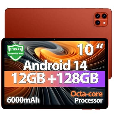 Android Tablet, 10 inch Android 14 Tablet, Octa-core CPU, 2 Years Protection, RAM 12GB, ROM 128GB (Up to 2 TB), 800x1280 Resolution, WiFi 6&Bluetooth 5.4, Dual Cameras, Dual Speakers, 6000mAh,Orange