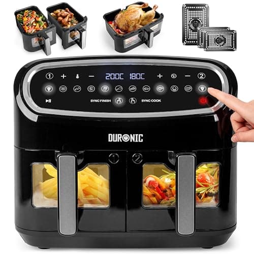 Duronic AF34 BK Triple Drawer 10L Digital Air Fryer with Visual Window, Dual Zone, 10-in-1 Large Drawer AirFryer for Family, Uses No Oil, Air Fry, Roast, Bake, Dishwasher Safe Non-Stick Baskets, Black