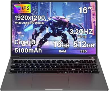 Ruzava Laptop Gaming Computer 16GB RAM 512GB 1TB SSD Expansion Core i3 (up to 3.2Ghz) Notebook 16 Inch Laptop Computer 1920 * 1200 IPS UHD Type C 5G WiFi with Mouse & Keyboard Film UK-Gray