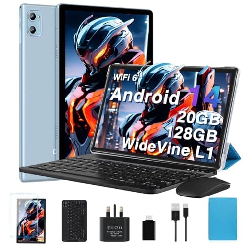 2025 Newest Tablet 10 Inch Android 14, 20GB RAM+128GB ROM (TF 2TB), Octa Core, 5G+WiFi 6 | Widevine L1 | 6000mAh | Bluetooth 5.0 | GMS | Type-C | 5+8MP | Widgets| Tablet with Keyboard & Mouse - Blue