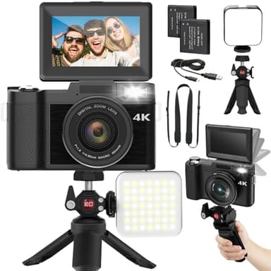 novzzovaz Digital Camera 4K 48MP Autofocus Full HD Vlogging Camera for YouTube Flip Screen Compact Camera for Beginners Vloggers Photography with Rechargeable Batteries Accessories Kit